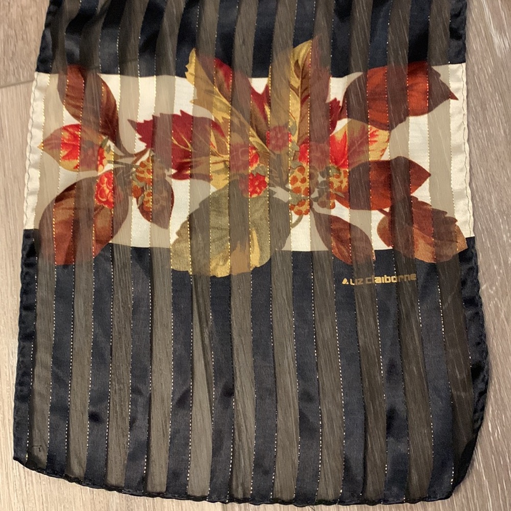 🍁LIZ CLAIBORNE SILK SCARF ELEGANT FALL LEAVES THEMED SHEER/GOLD METALLIC TRIM